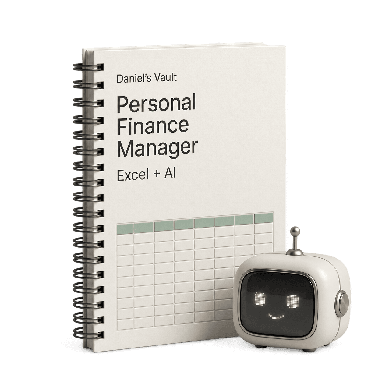 An ivory Personal Finance Manager workbook with a sage ledger grid beside a friendly retro AI companion. Concept artwork for a digital resource.